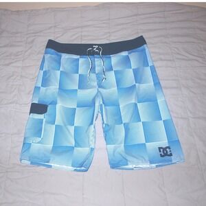 DC Mens Swim Trunks Board Shorts Blue White Checkered Drawstring Size Large